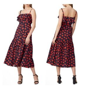 Borgo De Nor Florence Sundress Navy Blue Red Dot Cotton Ruffle Trim Midi size 12